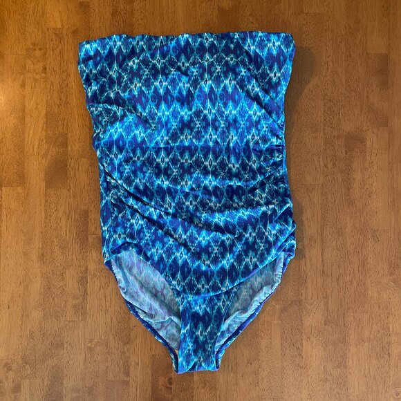 Size 14 Ceeb turquoise navy white padded-cup tummy control bandeau swimsuit - Picture 1 of 10